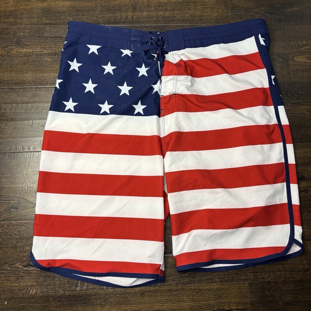 Old Navy California American Flag Board Shorts Mens Sz 38 Drawstring Swim Trunks